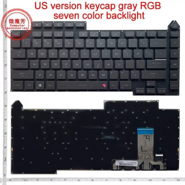 Tastatura Laptop Gaming, Asus, ROG Strix Scar 15 G533Z, G533ZM, G533ZS, G533ZW, G533ZX, iluminata, conector RGB 20 pini, gri, layout US