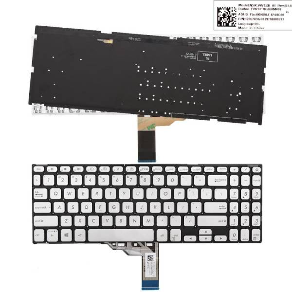 Tastatura Laptop, Asus, VivoBook 15 S512D, S512DA, S512DK, S512F, S512FA, S512FB, S512FJ, S512FL, S512J, S512JA, S512JF, S512JP, S512U, S512UA, S512UF, iluminata, argintie, layout US