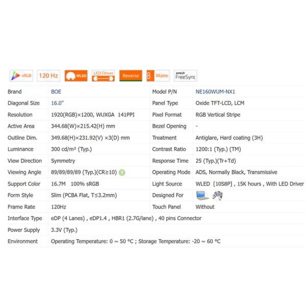Display compatibil Laptop, Asus, 18010-16060400, 18010-16060400M24, MNG007QX2-2, 16.0 inch, LED, FHD, 1920x1200, 120Hz, 40 pini