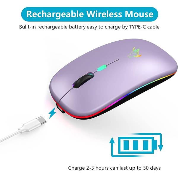 Mouse Wireless TQQ, 2.4Ghz USB, Bluetooth, urmarire optica 1600 DPI, Mouse LED reîncărcabil cu mod dublu pentru Laptop, PC, iOS, Android, iPad, Windows
