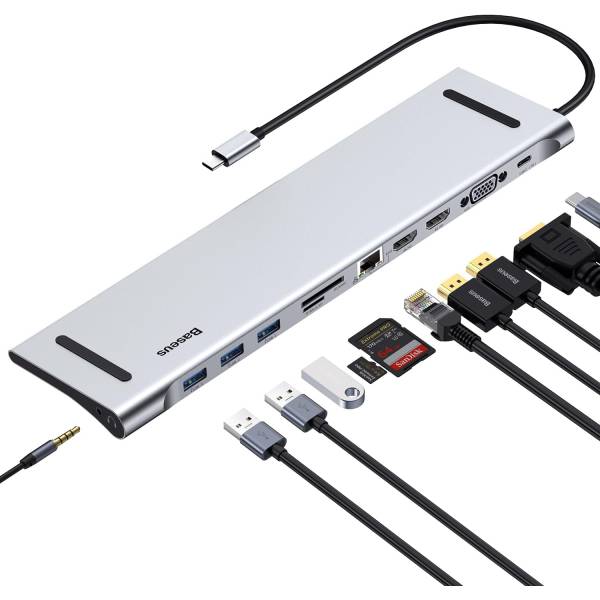 Statie de andocare Docking Station Baseus 11 in 1 (2024) USB-C pentru 3 monitoare cu 2 x HDMI, 4K, 1 VGA, 3 X USB 3.0, cititor de carduri SD/TF, Ethernet 1Gbps, audio 3.5mm, hub USB C pentru MacBook Pro/Air, pentru PC Statie de andocare Docking Station Baseus 11 in 1 (2024) USB-C pentru 3 monitoare cu 2 x HDMI, 4K, 1 VGA, 3 X USB 3.0, cititor de carduri SD/TF, Ethernet 1Gbps, audio 3.5mm, hub USB C pentru MacBook Pro/Air, pentru PC
