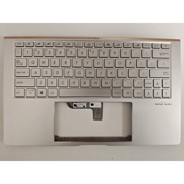 Carcasa superioara cu tastatura palmrest Laptop, Asus, ZenBook 13 UX334F, UX334FA, UX334FAC, UX334FL, UX334FLC, 90NB0MW7-R31UI0, 90NB0MW7-R31US0, 13N1-96A0Q11, UX334FL-3S, iluminata, argintie, layout US