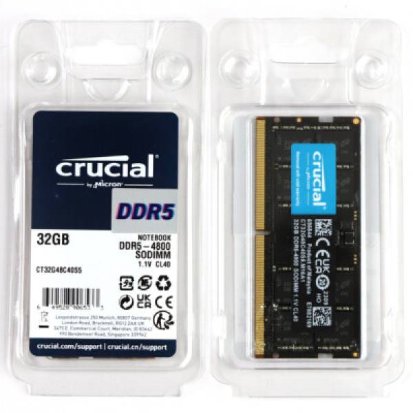 Memorie Ram Laptop, Crucial 32GB, DDR5, 2Rx8, PC5-4800Mhz, 1.1V, CL40, PC5-38400, CT32G48C40S5.C16A1, Non-ECC, sodimm, 262 pini