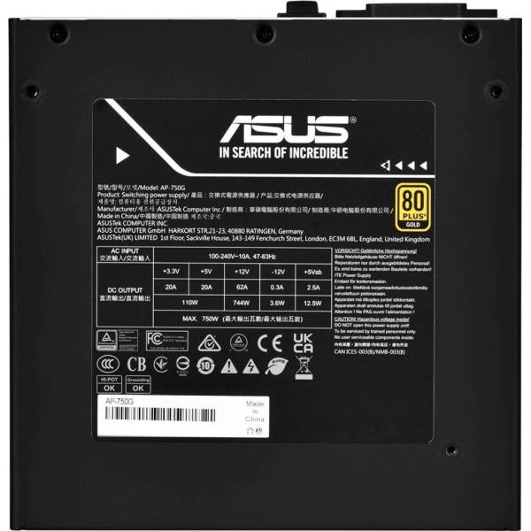 Sursa modulara PC Gaming, Asus, Prime, 750W, 80 PLUS Gold, AP-750G, 90YE00U1-B0NA00, alba