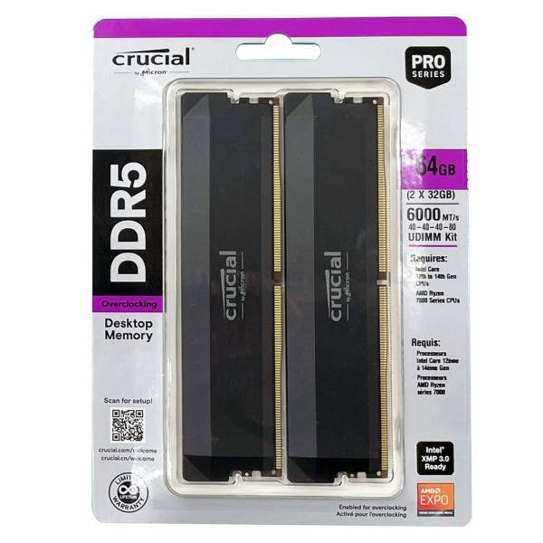 Memorie RAM Crucial Pro Overclocking 64GB (2x32GB), DDR5, 6000Mhz, PC5-48000U, UDIMM, CL40, Dual Kit, CP2K32G60C40U5B, Intel XPM 3.0/AMD EXPO, 1.35V, 288-pin, Desktop/PC