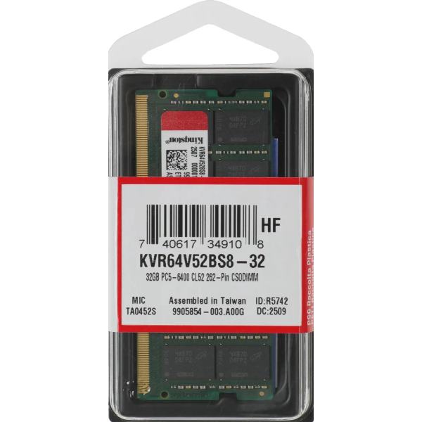Memorie Ram Laptop Kingston 16GB, DDR5, 6400Mhz, PC5-6400, 1Rx8, KVR64V52BS8-16, PC5-51200S, CL52, 1.1V, Non-ECC, CSODIMM, 262 pini