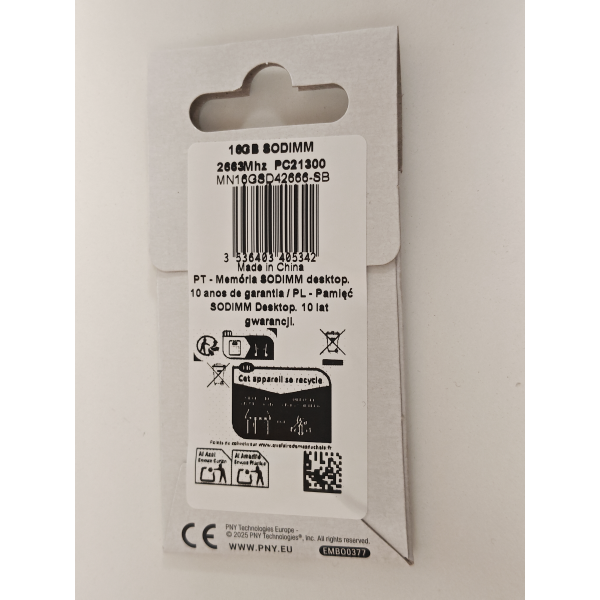 Memorie Ram Laptop PNY, 16GB, DDR4, 2Rx8, PC4-2666V, 2666Mhz, MN16GSD42666-SB, PC4-21300, CL19, 1.2V, non-ECC, sodimm, 260 pini