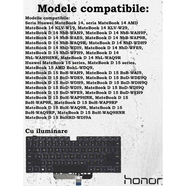 Tastatura Laptop, Huawei, MateBook D15 BoD-WDH9, BoD-WDI9, BoD-WXX9, iluminata, neagra, layout US