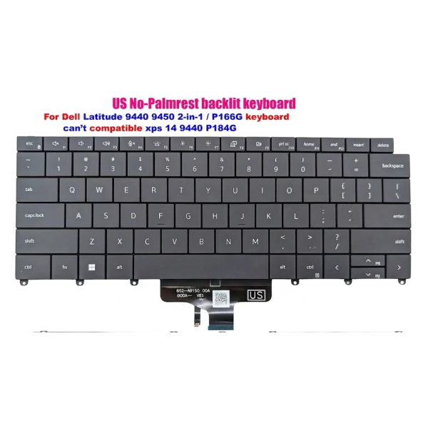 Tastatura Laptop 2-in-1, Dell, Latitude 9450, P166G, P166G002, 242RJ, 0242RJ, iluminata, neagra, layout US