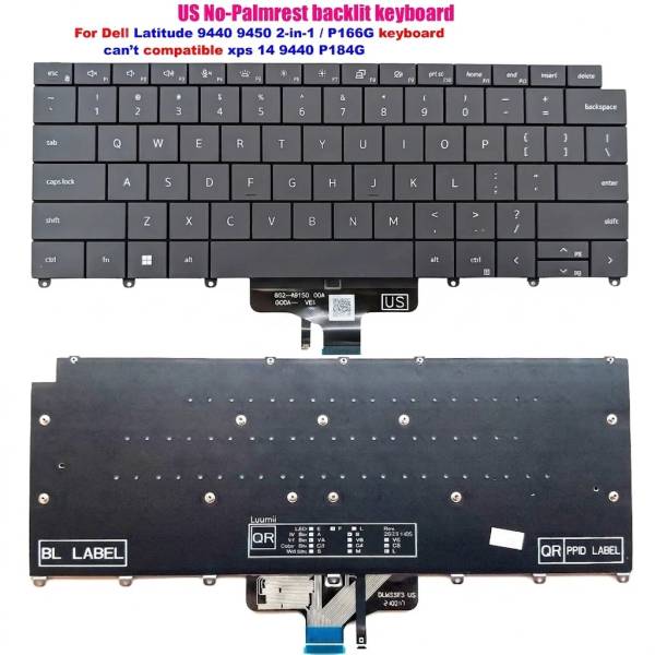 Tastatura Laptop 2-in-1, Dell, Latitude 9450, P166G, P166G002, 242RJ, 0242RJ, iluminata, neagra, layout US