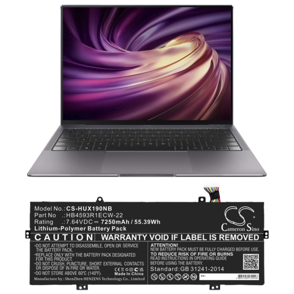 Baterie compatibila Laptop, Huawei, MateBook 14 KLV-W29, KLV-W29L, CS-HUX190NB, HB4593R1ECW-22, 7.64V, 7250mAh, 55.39Wh, 9 pini