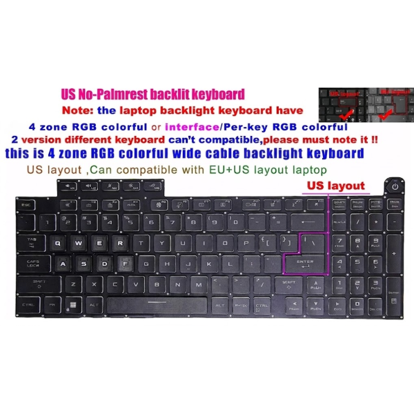Tastatura Laptop Gaming, Asus, ROG Strix Scar 18 G834J, G834JY, G834JYR, G834JZ, G834JZR, iluminata, RGB 4 Zone, neagra, layout US