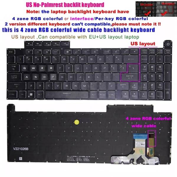 Tastatura Laptop Gaming, Asus, ROG Strix Scar 18 G834J, G834JY, G834JYR, G834JZ, G834JZR, iluminata, RGB 4 Zone, neagra, layout US