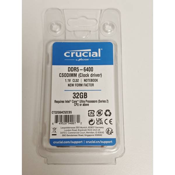 Memorie RAM Laptop, Crucial, 32GB, 1Rx8, DDR5, PC5-51200, 6400MHz, 1.1V, CT32G64C52CS5, CL52, Non-ECC, CSODIMM, 262 pini