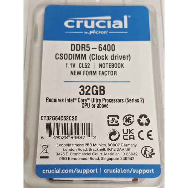 Memorie RAM Laptop, Crucial, 32GB, 1Rx8, DDR5, PC5-51200, 6400MHz, 1.1V, CT32G64C52CS5, CL52, Non-ECC, CSODIMM, 262 pini