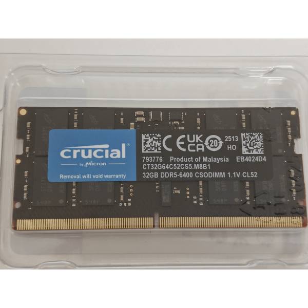 Memorie RAM Laptop, Crucial, 32GB, 1Rx8, DDR5, PC5-51200, 6400MHz, 1.1V, CT32G64C52CS5, CL52, Non-ECC, CSODIMM, 262 pini