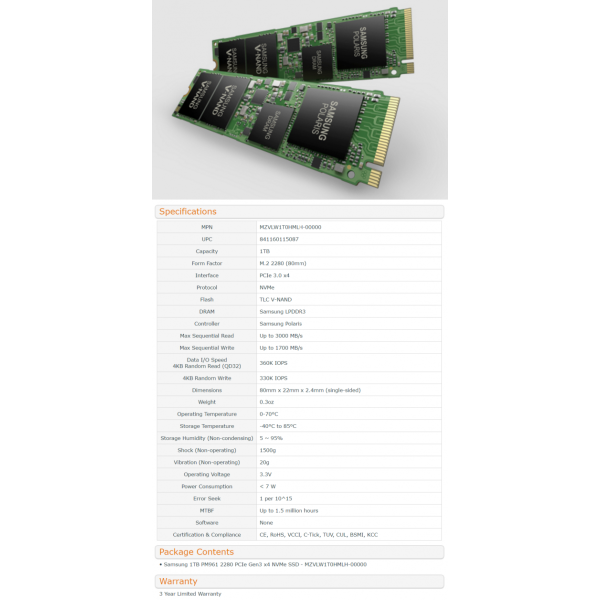 MZ-VLW1T00 Samsung PM961 Series 1TB TLC PCI Express 3.0 x4 NVMe M.2 2280 Internal Solid State Drive (SSD) bulk