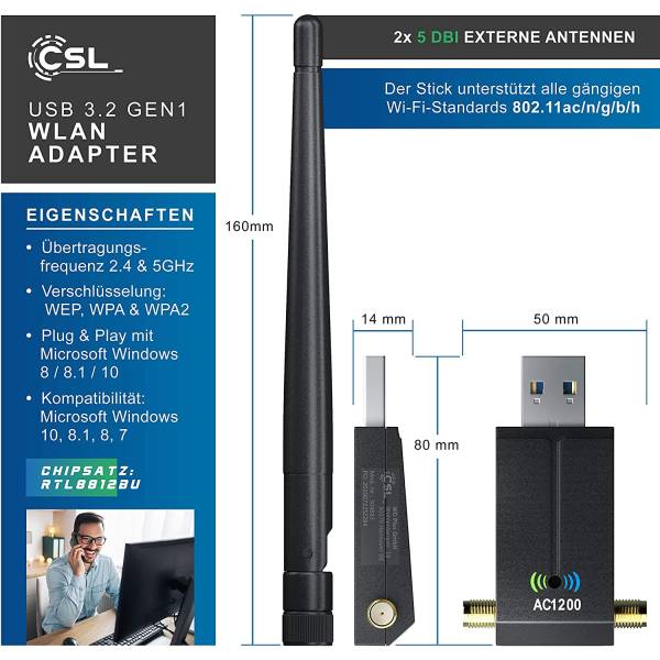 Adaptor USB Wireless CSL, USB 3.2 Gen 1, 1300 Mbps, Dual Band, WiFi 2.4, 5 GHz 2 x 5 dBi, antene externe