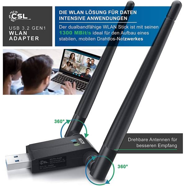 Adaptor USB Wireless CSL, USB 3.2 Gen 1, 1300 Mbps, Dual Band, WiFi 2.4, 5 GHz 2 x 5 dBi, antene externe