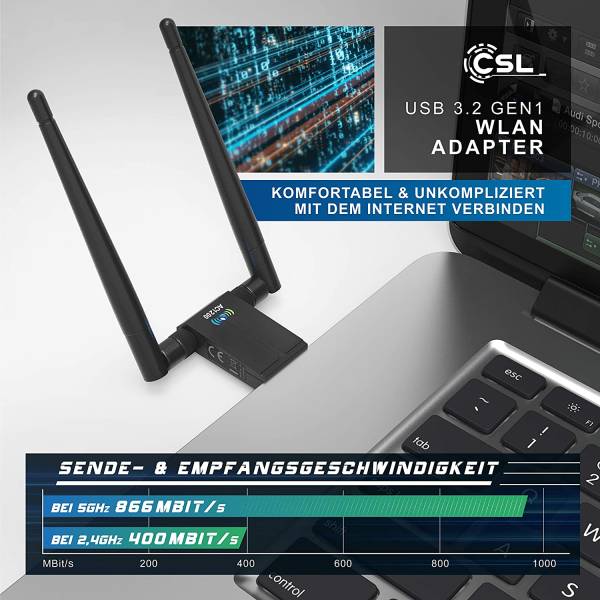 Adaptor USB Wireless CSL, USB 3.2 Gen 1, 1300 Mbps, Dual Band, WiFi 2.4, 5 GHz 2 x 5 dBi, antene externe